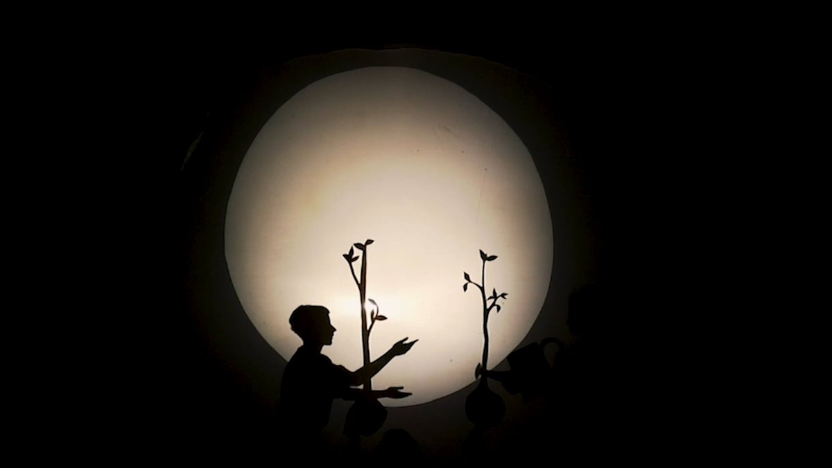 Image from a shadow puppet show. A glowing white circle with Xtian's silhouette, gesturing with both hands toward the silhouettes of two plants.